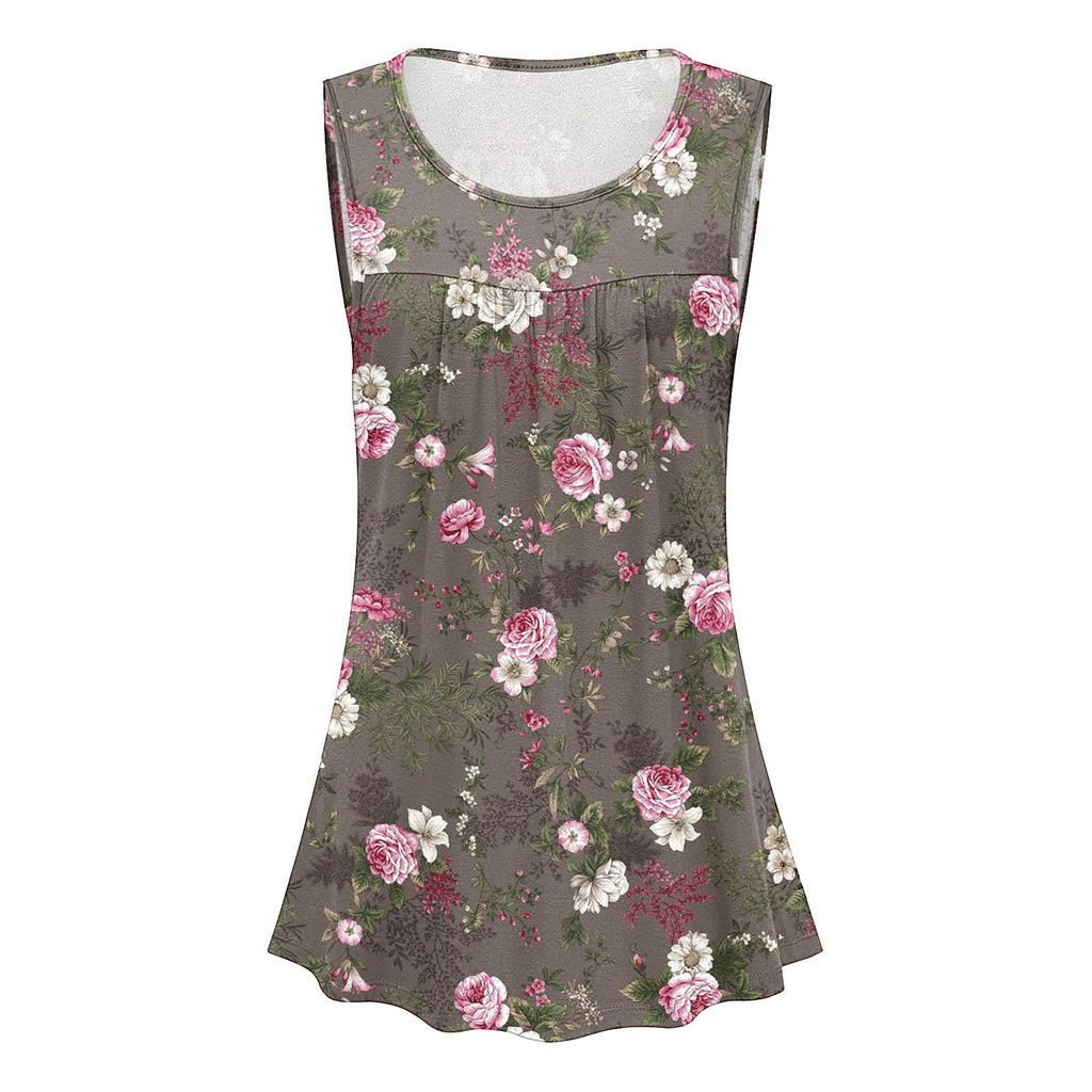 Ladies Casual Plus Size Loose Tank Top Flower Print Sleeveless Pleated T-Shirt