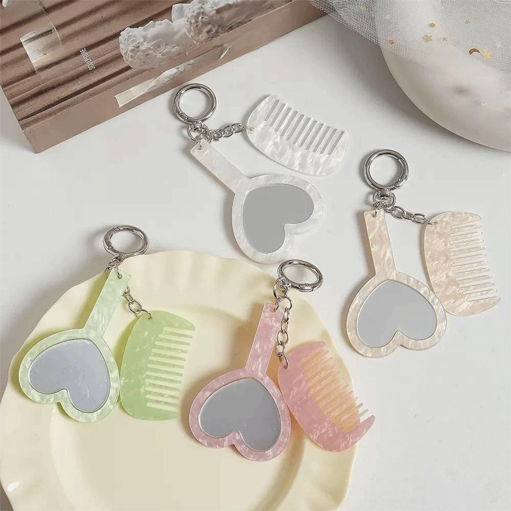 Heart Shaped Mirror Compact Grooming Set Mini Fine Tooth Comb Bag Hanging Charm  Casual Occasions