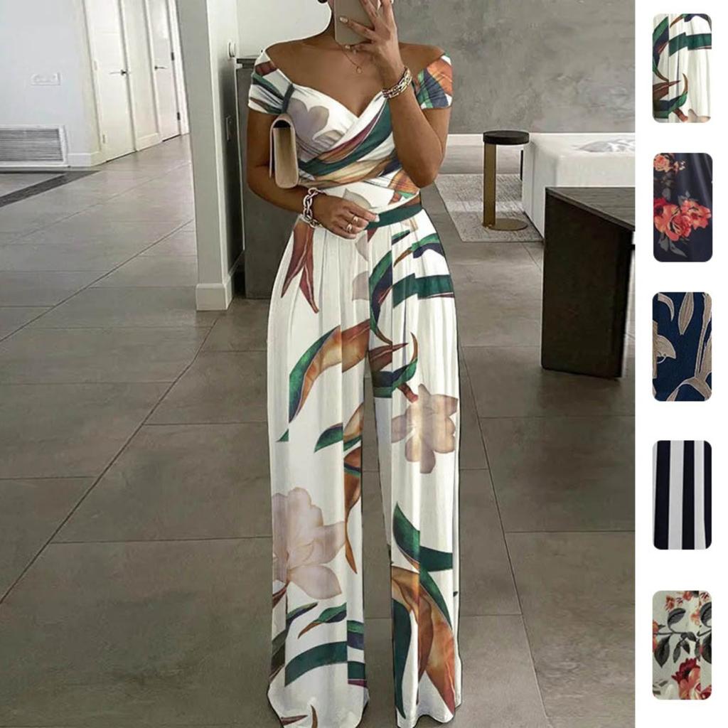 Women's Off Shoulder Three Quarter Sleeve Jumpsuit Slim Fit High Waist Elegant Floral Print Wide Leg Jumpsuit