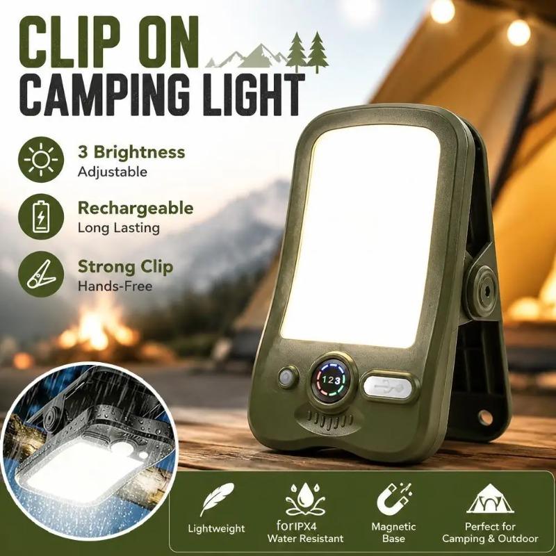 Solar USB Rechargeable Clip-On Camping Light, Waterproof LED Tent Lamp 3 Brightness Modes Portable Outdoor Lantern for Hiking Fishing Emergency