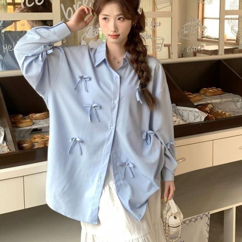 3D Bow Decoration Women's Shirt Solid Color Turn Down Collar Long Sleeved Blouse Korean Style Summer New Version Loose Casual Lady Top