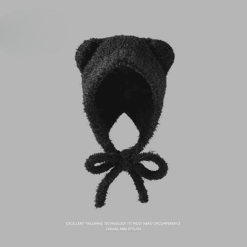 Cute Little Bear Ear Plush Hat for Women In Autumn and Winter Warmth and Cold Showing Face Small Knitted Wool Hat Ear Protection Bag Head Hat