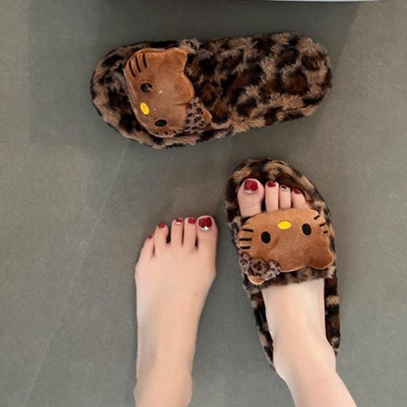 2025 Autumn and Winter Leopard Print Kt Cat Big Head Thick Bottom Bag Head Fluffy Slippers Women's Fashion Versatile Home Casual Cotton Slippers