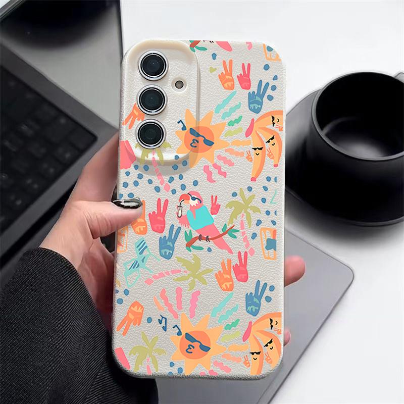 Colorful Cartoon Pattern Case For Samsung Galaxy S25 Edge S24 Ultra S23 S22 Plus S21 FE S26 Ultra Leather Texture Silicone Cover