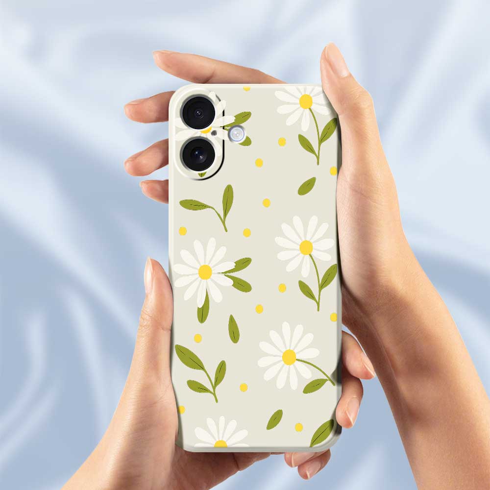 For iPhone 17 Case White Flowers Green Leaves Pattern Printing Straight Edge TPU Phone Back Cover