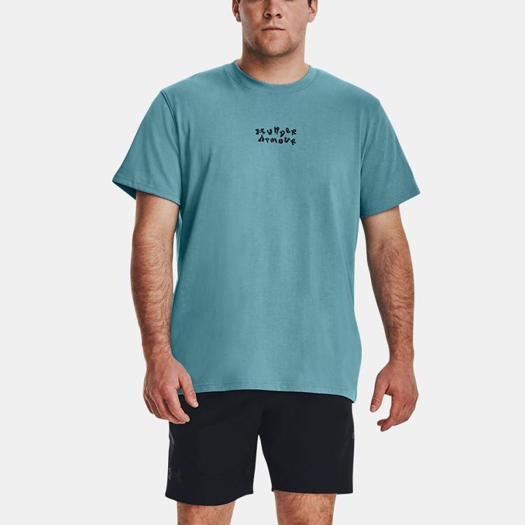 Under Armour Letter Logo Print Crew Neck Sports Tee Men Tops Static-Blue 1376837-400