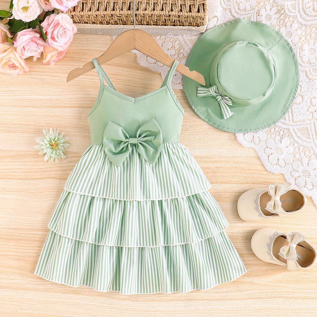 Mädchen Niedliches Gestreiftes Muster Neckholder Kuchenkleid + Hut Sommer Kindermode Prinzessinnenkleid