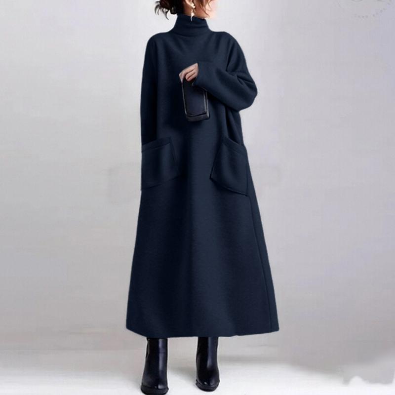 

ZANZEA Женское повседневное платье-свитшот с длинным рукавом и воротником-стойкой на осень-зиму 5XL темно-синий