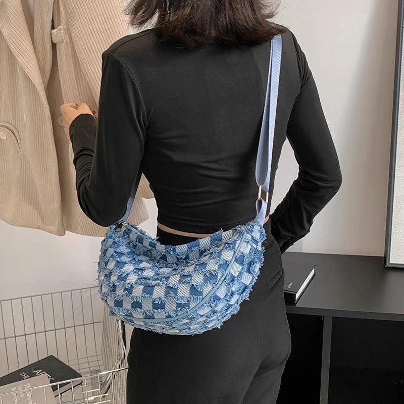 Monochromatische Damen-Denim-Brusttasche mit Reißverschluss-Innentasche, Freizeittasche, weiches Fach, hohe Qualität