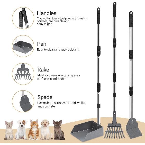 Heeyoo Dog Pooper Scooper, Dog Poop Tray and Rake Set, Pet Waste Removal Scoop with Long Adjustable Sectional Stainless Handles