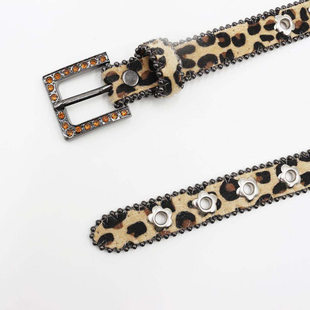 Luxury 2.3cm Leopard Print Leather Belt with Floral Eyelets & Rhinestones, No Punching Needed, Pin Buckle, Fully Diamond-Encrusted.
