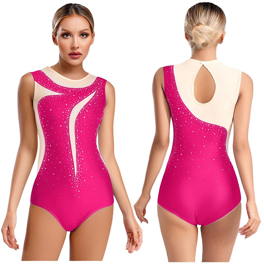 Body de Dança Feminino Peça Única S-XXL: Collant Patchwork de Renda com Strass, Sem Mangas e Costas Vazadas para Performance de Palco