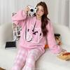 Wearing Soft Pajamas Women's Autumn and Winter Sweet Japanese Style Fleece-lined Thickened Cartoon Cat Two-Piece Home Clothes