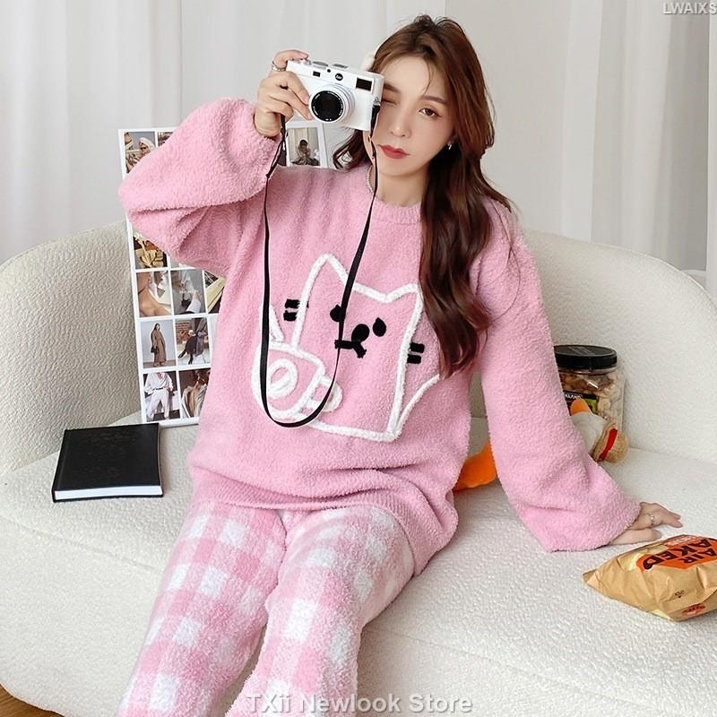 Wearing Soft Pajamas Women's Autumn and Winter Sweet Japanese Style Fleece-lined Thickened Cartoon Cat Two-Piece Home Clothes