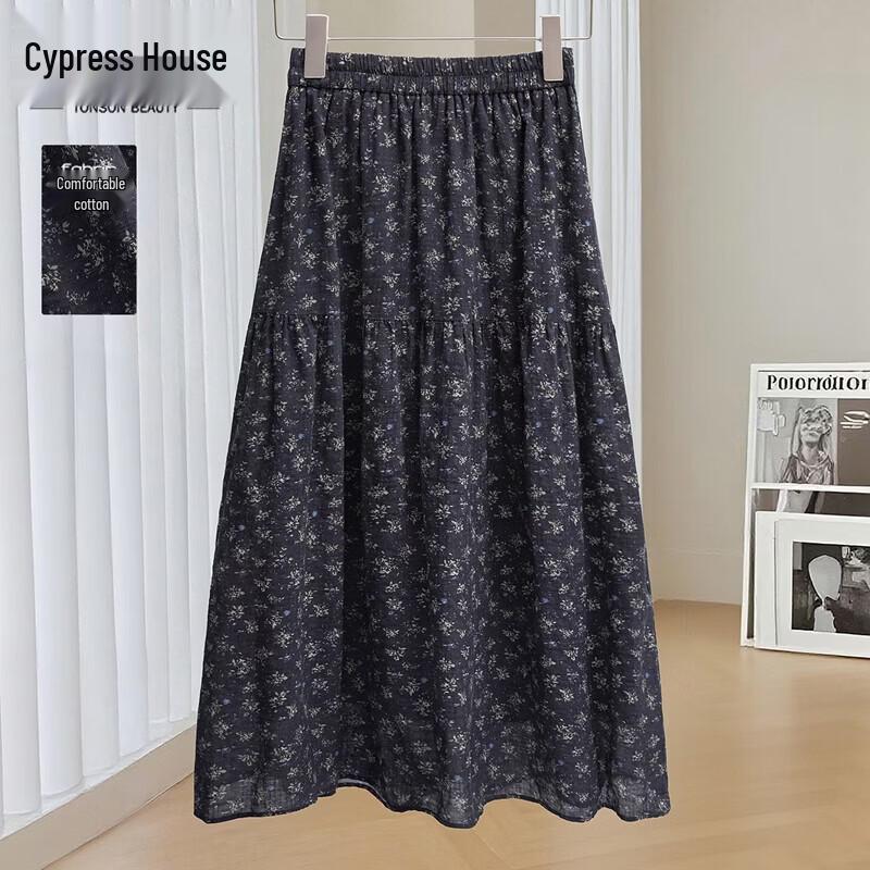 Korean Retro Floral Elastic Waist A-Line Midi Skirt L