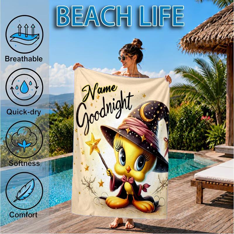 Custom Name Good Night Yellow Bird Heart In Space Adventure Microfiber Beach Towel, Lightweight for Summer Travel, Swimming Pool Fan Gift