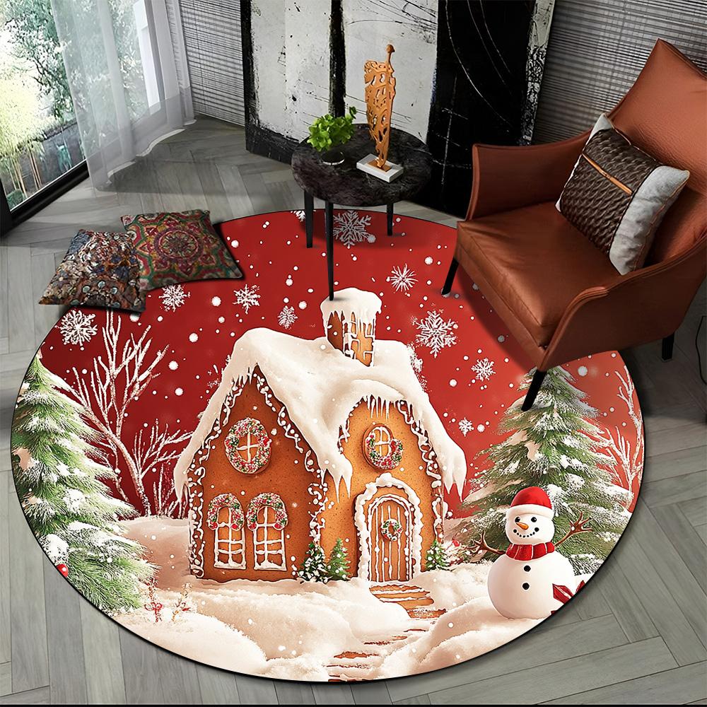 Cartoon Santa Claus Merry Christmas Snowman New Year Round Carpet Rug for Bedroom Living Room Sofa Decoration,Decor Floor Mat