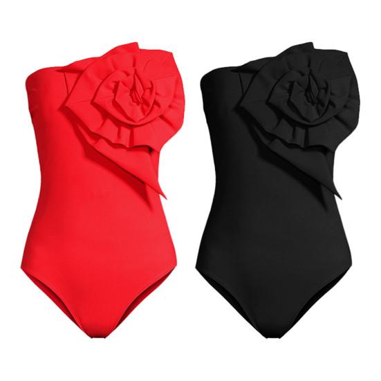 Women Monokini Bandeau Sleeveless 3D Flower Decor One-piece Bikini Solid Color Backless Quick Drying Swimwear