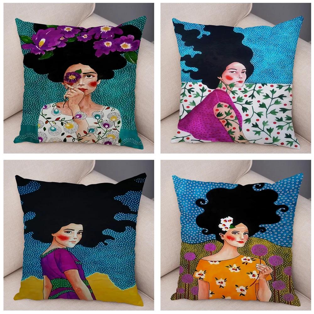 Fashion Abstract Girl Pillowcase Soft Plush Decor Cartoon Flower Lady Cushion Cover for Sofa Home Throw Pillow Case 45x45cm