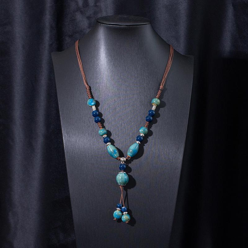 Jingdezhen Ceramic Non-Fading Necklace Ethnic Style Sweater Chain Antique Woven Rope Long Neck Chain