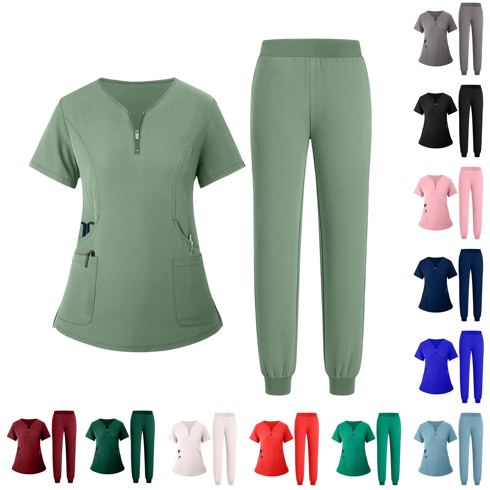 

Women s Uniform Quick Drying Fabric Solid Color V-neck Zipper Pocket Short Sleeved Pants Set Caregiver Set L бежевий