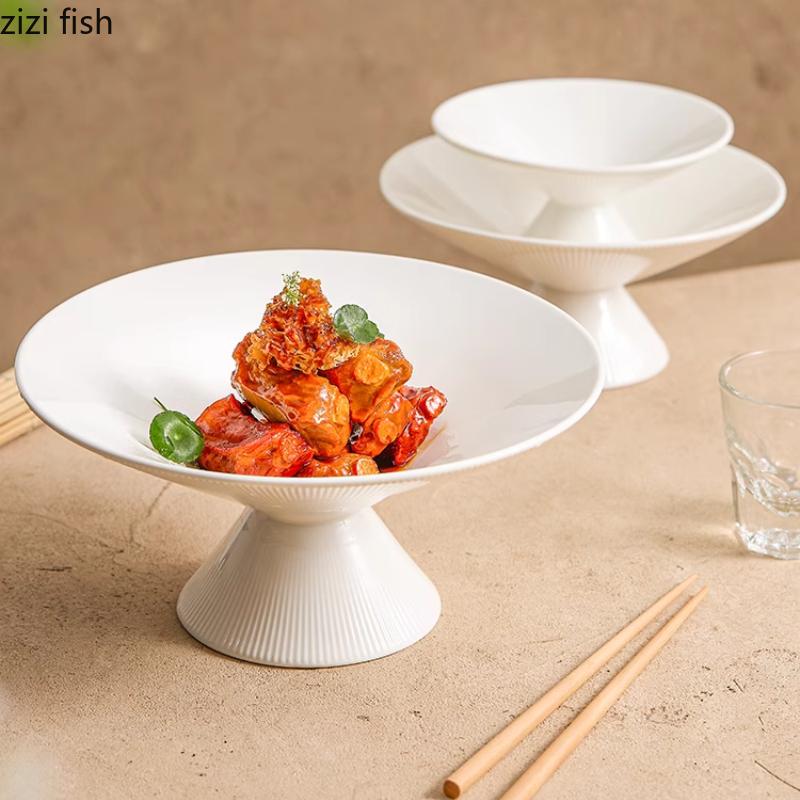 White Ceramic High Foot Plate Dining Plates Pasta Dish Cake Plate Dessert Bowls Fruit Bowl Salad Bowl Sashimi Plates Sushi Dish
