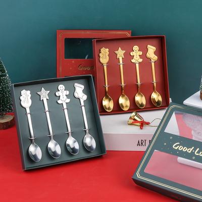 4pcs Christmas Teaspoons Coffee Spoons With Gift Box Stirring Spoons Stainless Steel Tableware Snowman Stocking Star Dessert Spoon KTY