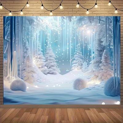 2D Winter Wonderland Backdrop, Blue Ice Snow Forest Christmas Background Cloth for Holiday Party Decoration
