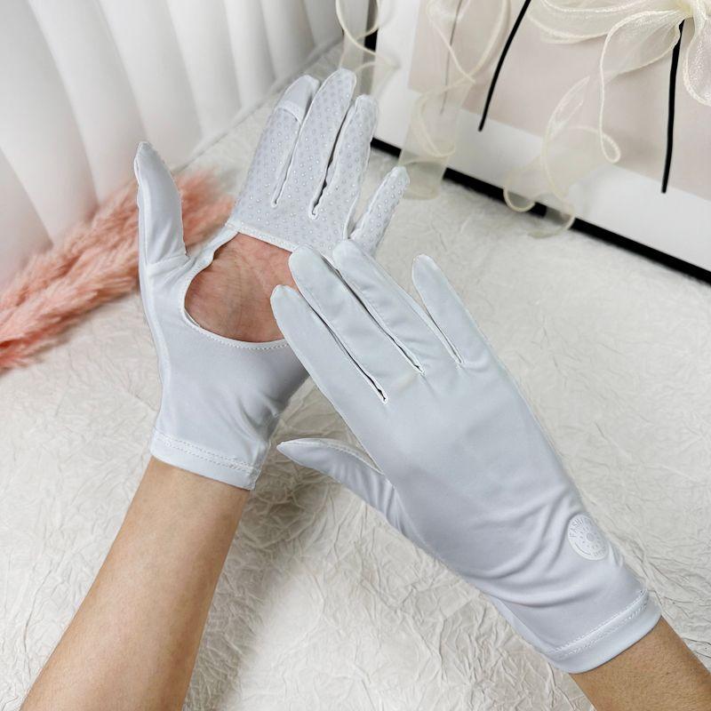 

Ice Silk Sun Protection Gloves Women Open Palm Hollow Summer UV Protection Outdoor Sports Riding Driving Non-Slip Touch Screen Round logo Cut Out Palm sunscreen White All yards