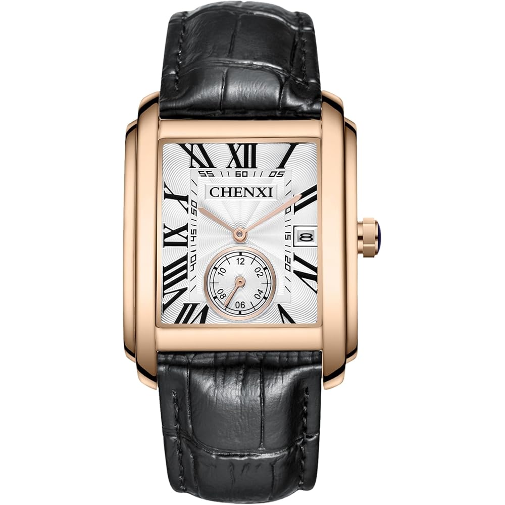 Men s Leather Watch Square Dial Hand-Wound Adjustable Strap Roman Numerals Gold