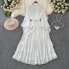 Korean Fashion Elegant Retro Lace Puff Sleeve Long Dress Solid Color Single Breasted Ruffles Bow Autumn Women Dress