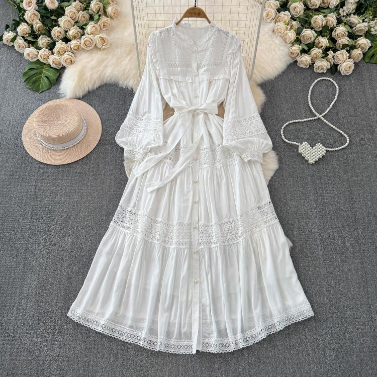 Korean Fashion Elegant Retro Lace Puff Sleeve Long Dress Solid Color Single Breasted Ruffles Bow Autumn Women Dress