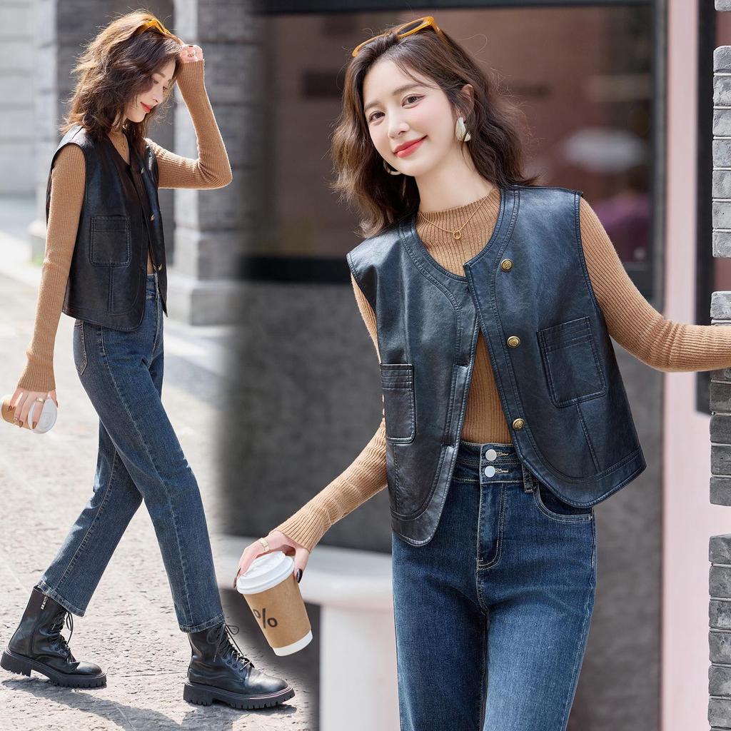 Women's Short Sheepskin Leather Motorcycle Vest - Autumn/Winter Korean Style Outerwear