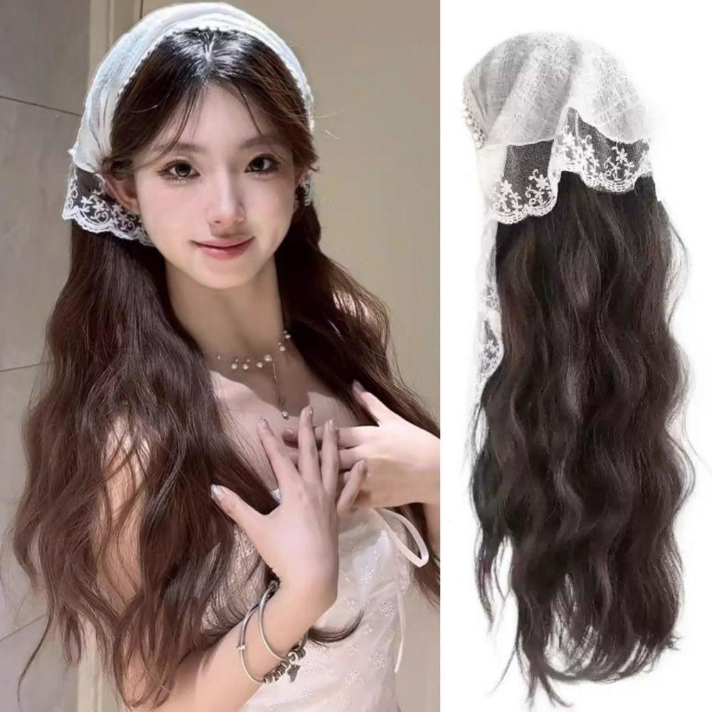 Floral Half Headband Wig Hair Scarf Long Wavy Hair Lace Headscarf Headband Wig  Party