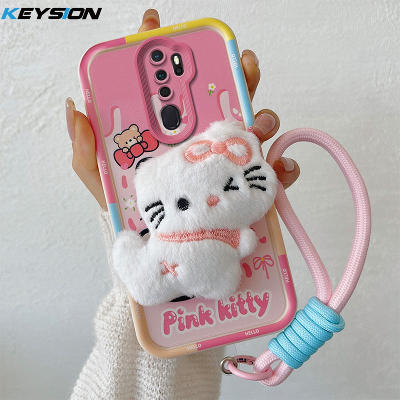KEYSION Cute 3D Cartoon Plush Case for OPPO A9 2020 with Lanyard Soft Silicone Shockproof Phone Cover for OPPO A5 A9 2020