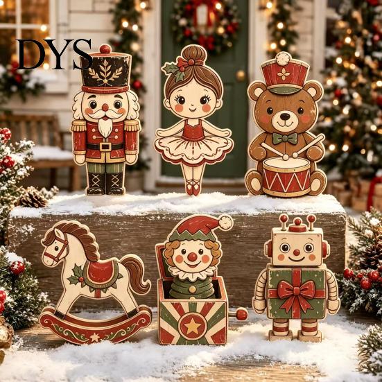 Wooden Tiered Tray Decor 6Pcs Christmas Tabletop Signs, Xmas Sign Decor, Santa Winter Holiday Home Accents Snowman Reindeer Gingerbread House