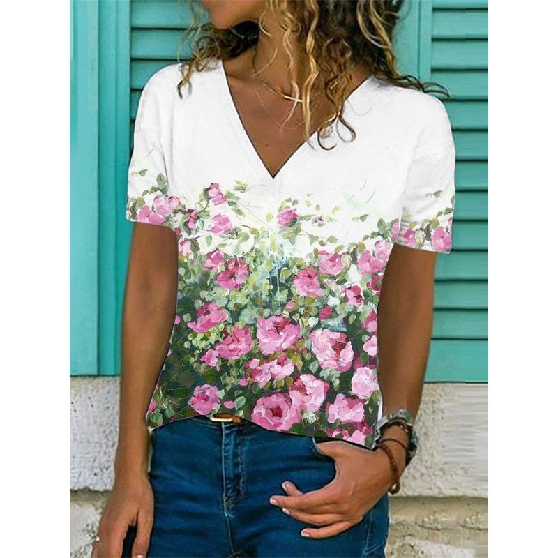 Fashion T-Shirts for Women 3D Flower Printed Tops Tees Summer Women's Tshirt Vintage Short Sleeves Top Women's Oversize T-Shirt