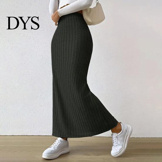 Casual Maxi Skirt with Side Slits High-Waisted Ribbed Long Flattering High-waisted Polyester Spandex Solid Color Hip Wrapped Autumn Winter Slimming