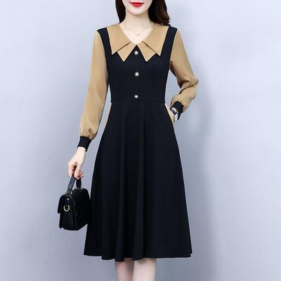 Women's Korean-Style Casual Slimming Elegant A-Line Dress Zipper Patchwork Button Fake Two-Piece Long-Sleeve Dress