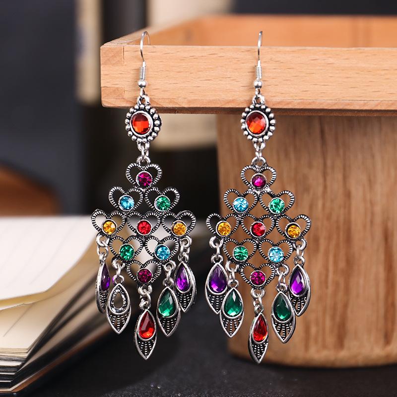 Bohemian Ethnic Style Rhinestone Earrings for Women Vintage Multilayer Hollow Peach Heart Geometric Long Drop Earrings Jewelry