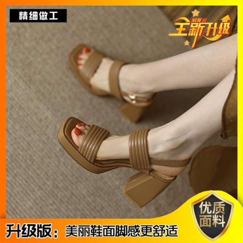 2025 new Korean version summer versatile retro word with waterproof table thick heel Roman sandals women's high heel shoes