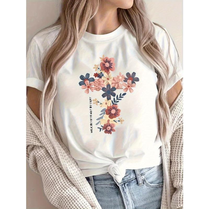 Women s Floral Anime T-Shirt- White Background with Pink and Blue Cross Pattern, Lightweight Casual Top for Spring and Summer, S