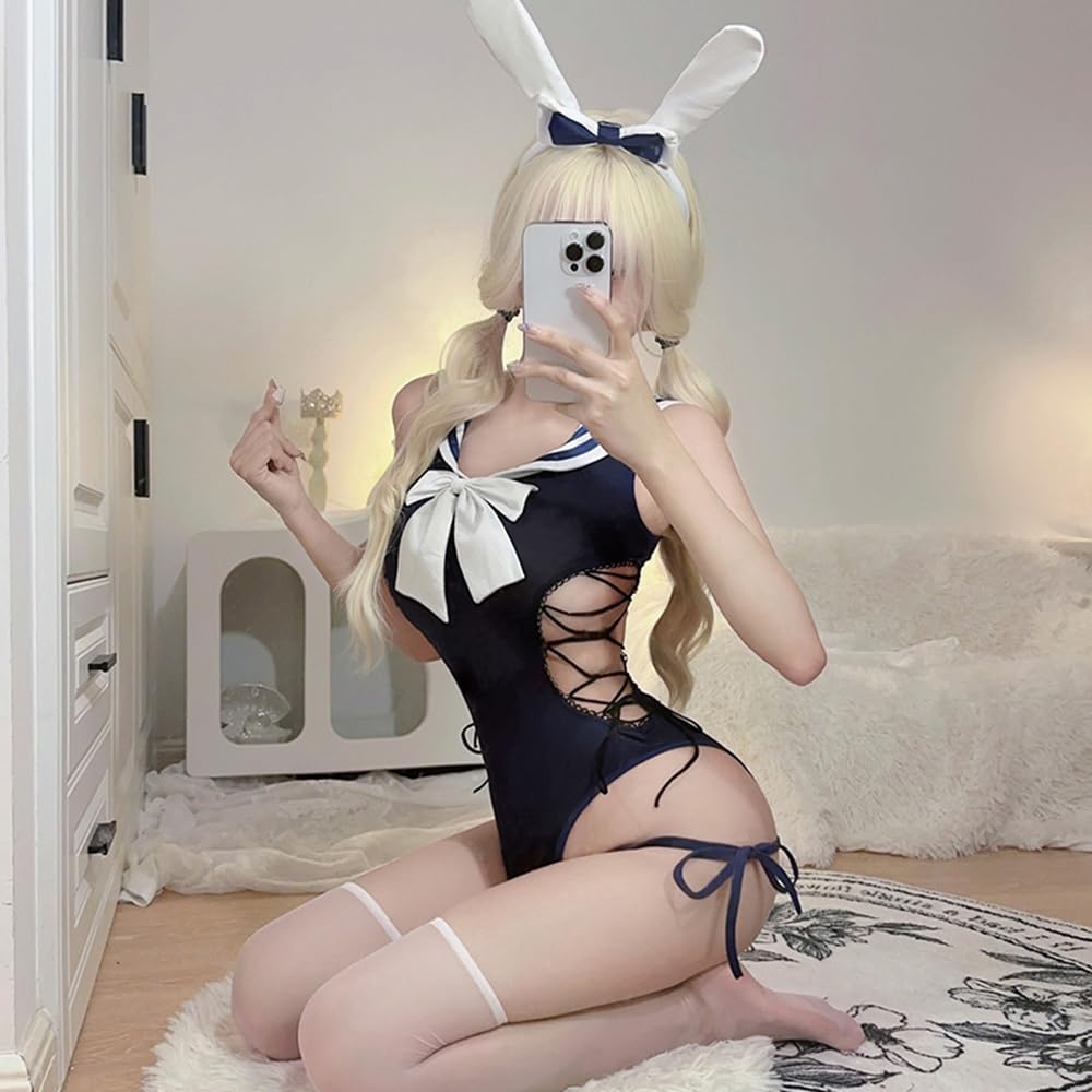 Bunny Girl Navy Open Chest Sailor Uniform School Swimsuit with Stockings Bow Tie Sexy Cosplay Reverse Bunny Lingerie Rabbit Training Temptation
