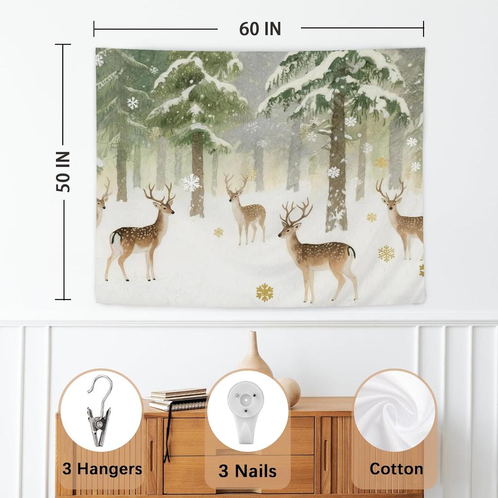 Winter Christmas Deer Tapestry,Rustic Christmas Wall Tapestry For Bedroom, Winter Snowy Forest Xmas Deer Tapestries Wall Hanging