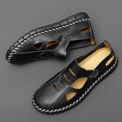 Sapatos casuais masculinos costurados à mão, sandálias masculinas de verão, sapatos casuais de couro da moda, tênis respiráveis
