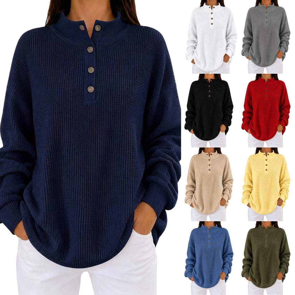 Women's Half-Button Stand Collar Sweatshirt Loose Fit Color Long Sleeve Top for Everyday Wear