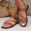 Fashion Roman Flat Shoes Women’s Fashion Leather Strap Square Toe Low Heels Sandals Women Casual Shoes Summer Outwear Sandals Size35 43