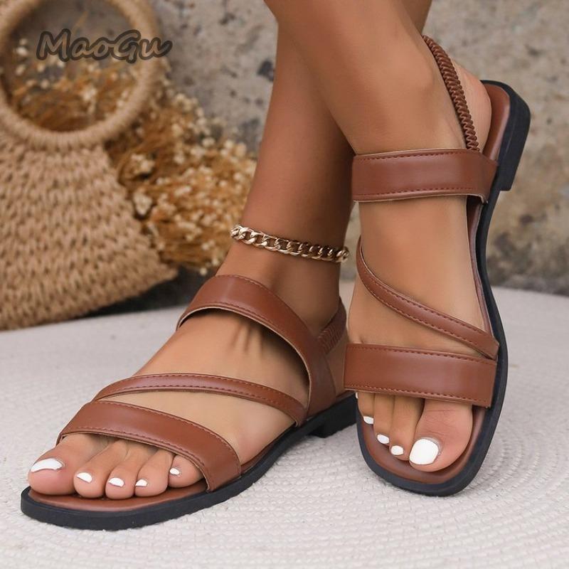 Fashion Roman Flat Shoes Women’s Fashion Leather Strap Square Toe Low Heels Sandals Women Casual Shoes Summer Outwear Sandals Size35 43