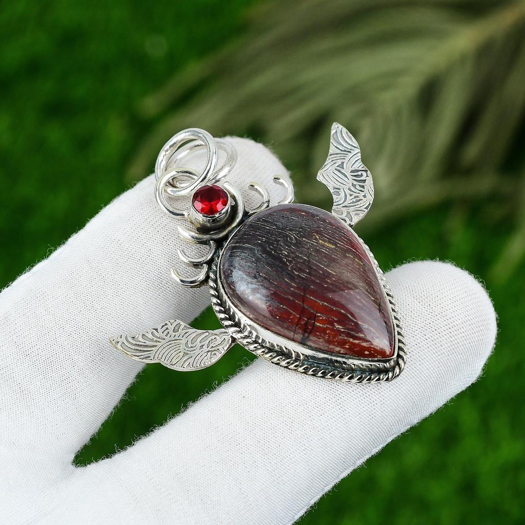 Natural Red Snakeskin Jasper Mozambique Garnet Sterling Silver Pendant Jewelry