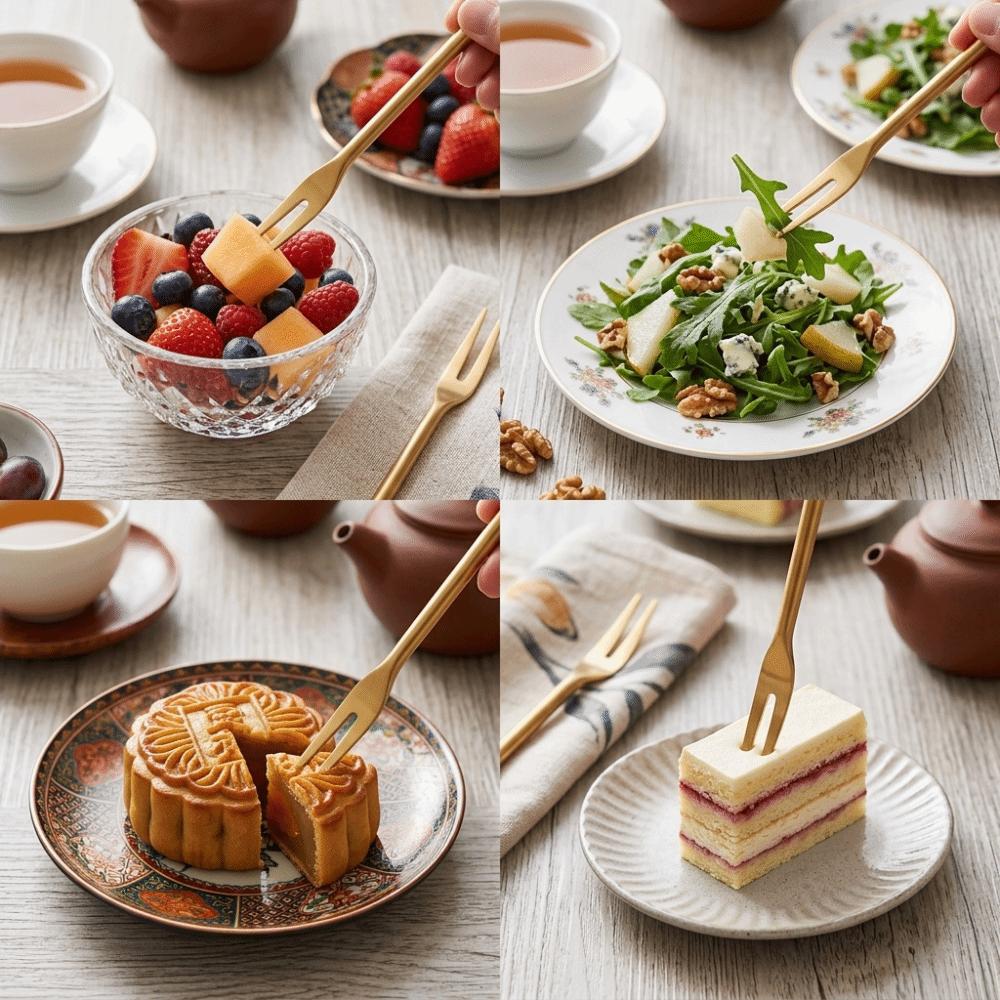 5Pcs Two Prong Fruit Fork Long Handle Rustless Steel Salad Fork Integrated Molding Blasted Matte Mooncake Fork Fruit Platter